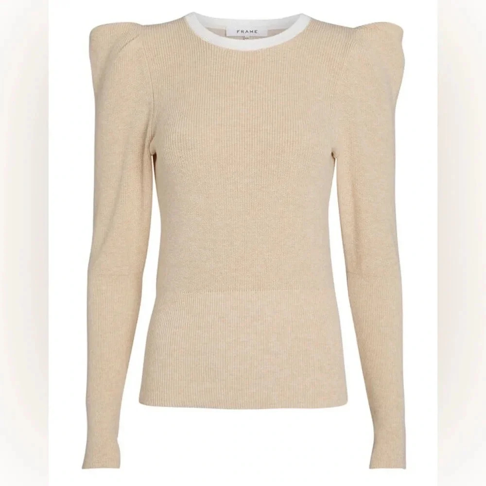 FRAME Rib Feminine Puff Sleeve Sweater 95% cotton 5% cashmere ivory SZ S